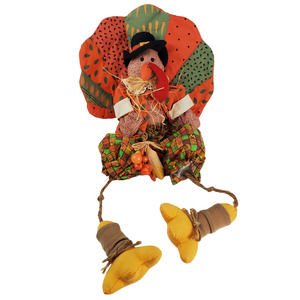 Thanksgiving Sitting Turkey Plush Stuffed Figure Pilgrim Hat Orange Green Yellow
